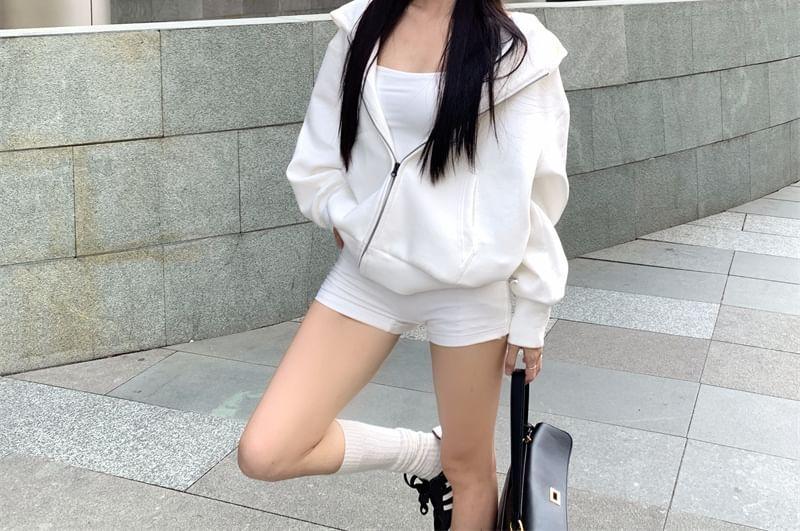 Plain Zip-Up Hoodie / Spaghetti Strap Scoop Neck Romper Product Image