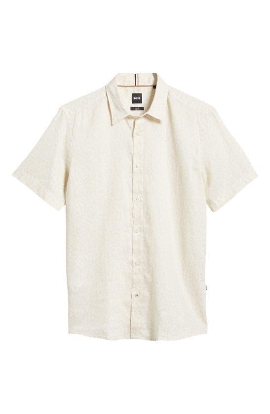 HUGO BOSS Liam Leaf Print Short Sleeve Stretch Linen Button-up Shirt In Open Wht Product Image