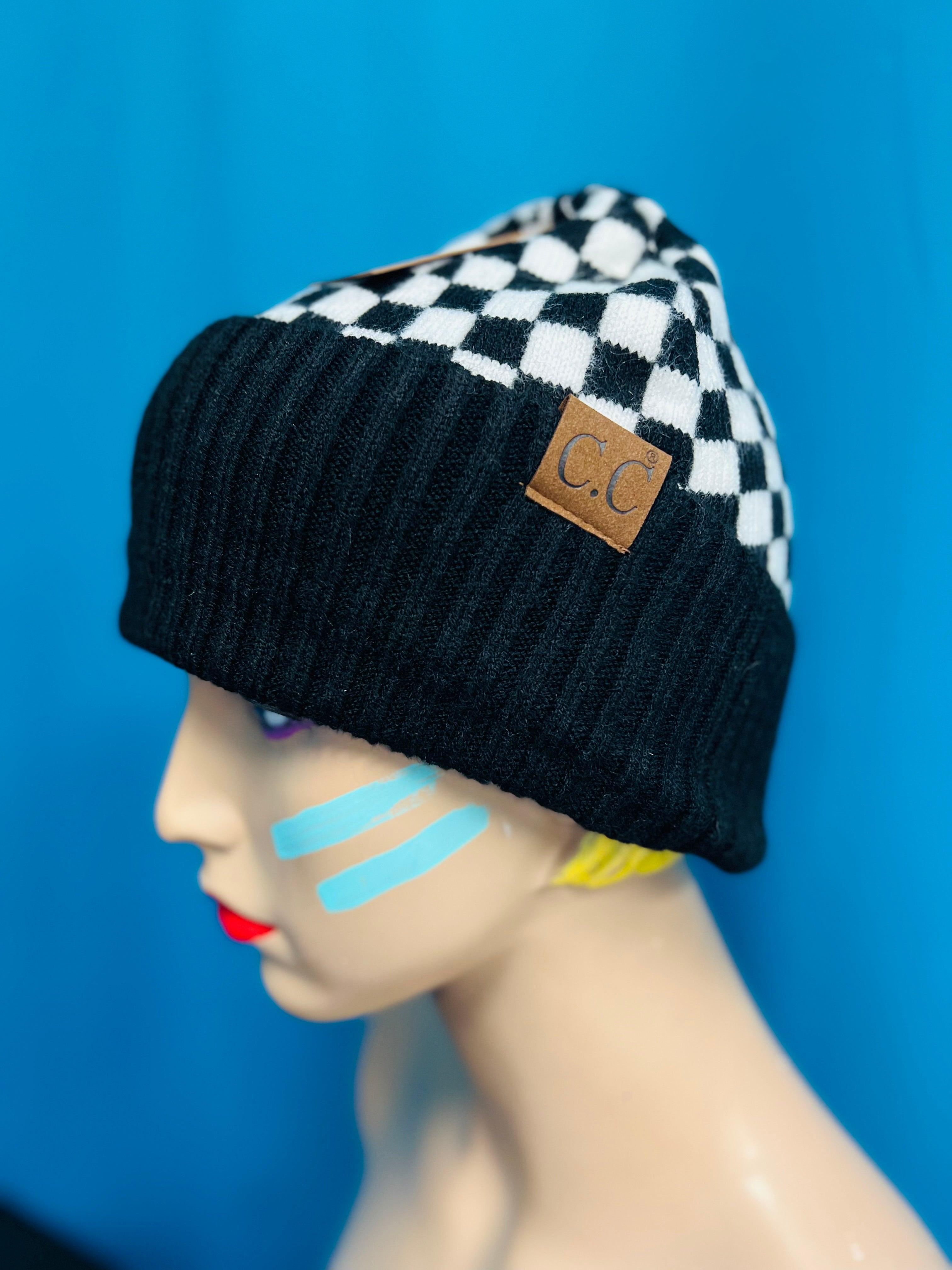 Black and White Checkered Beanie Product Image