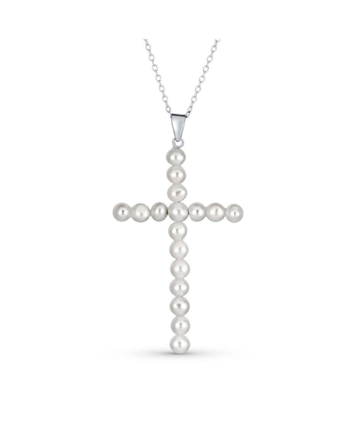 Bling Jewelry Simple Religious Freshwater Cultured White Pearl Large Cross Necklace Pendant For Women Sterling Silver Product Image