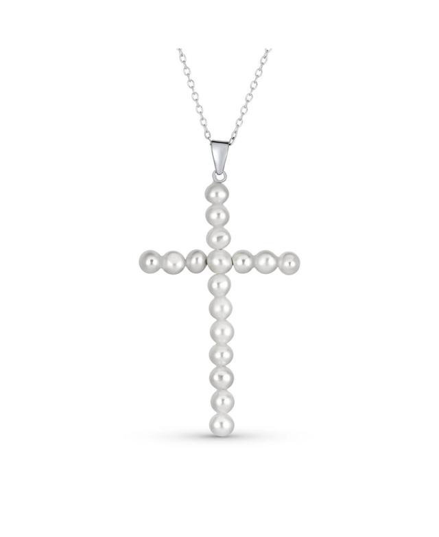 Bling Jewelry Simple Religious Freshwater Cultured White Pearl Large Cross Necklace Pendant For Women Sterling Silver Product Image