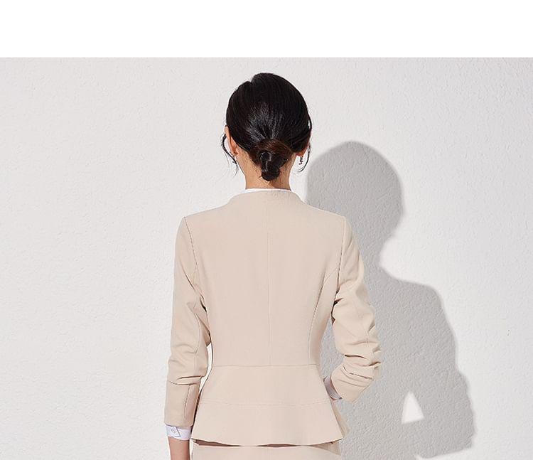 V-Neck Plain Peplum Single Breasted Blazer / High Rise Flared Suit Pants / Set Product Image