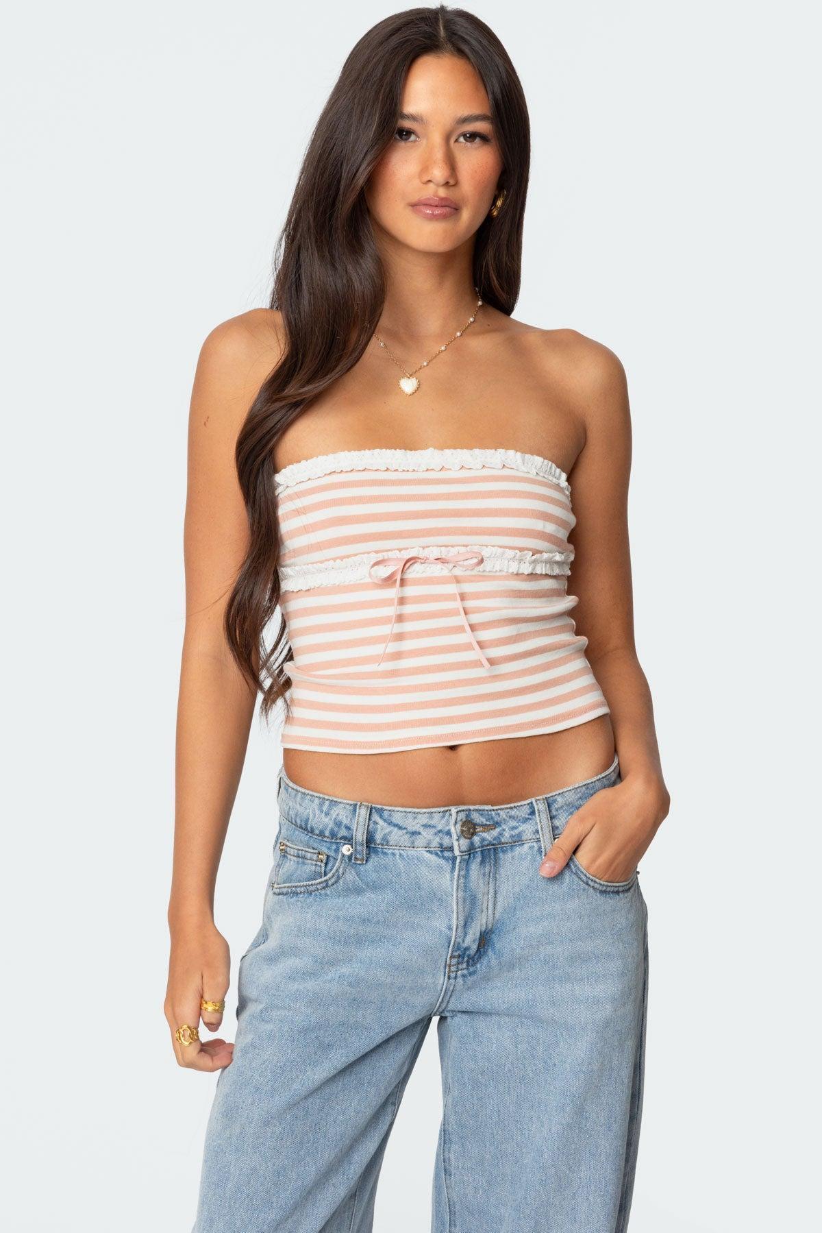 Striped Eyelet Trim Tube Top Product Image