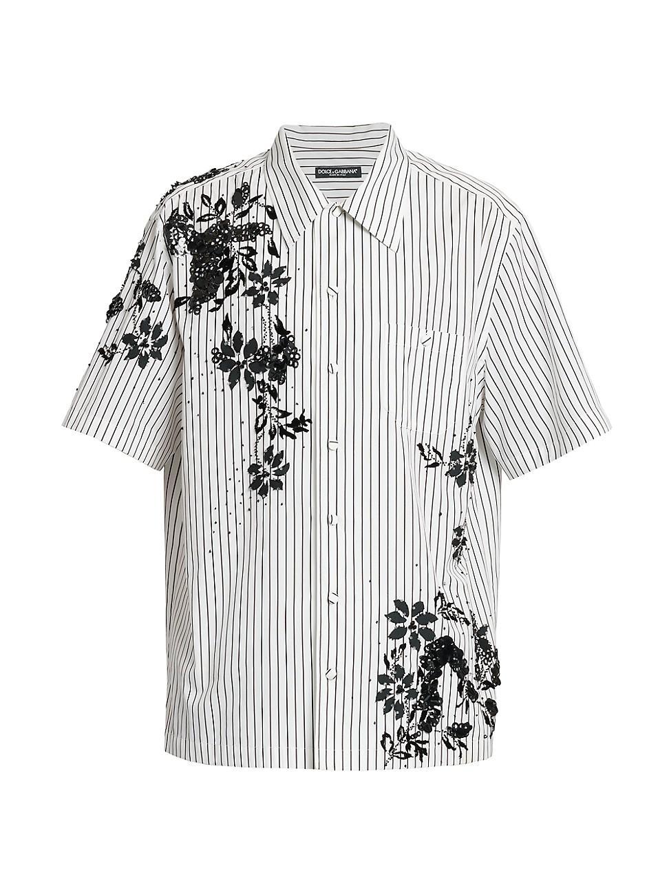 Mens Striped Floral Embroidery Camp Shirt Product Image