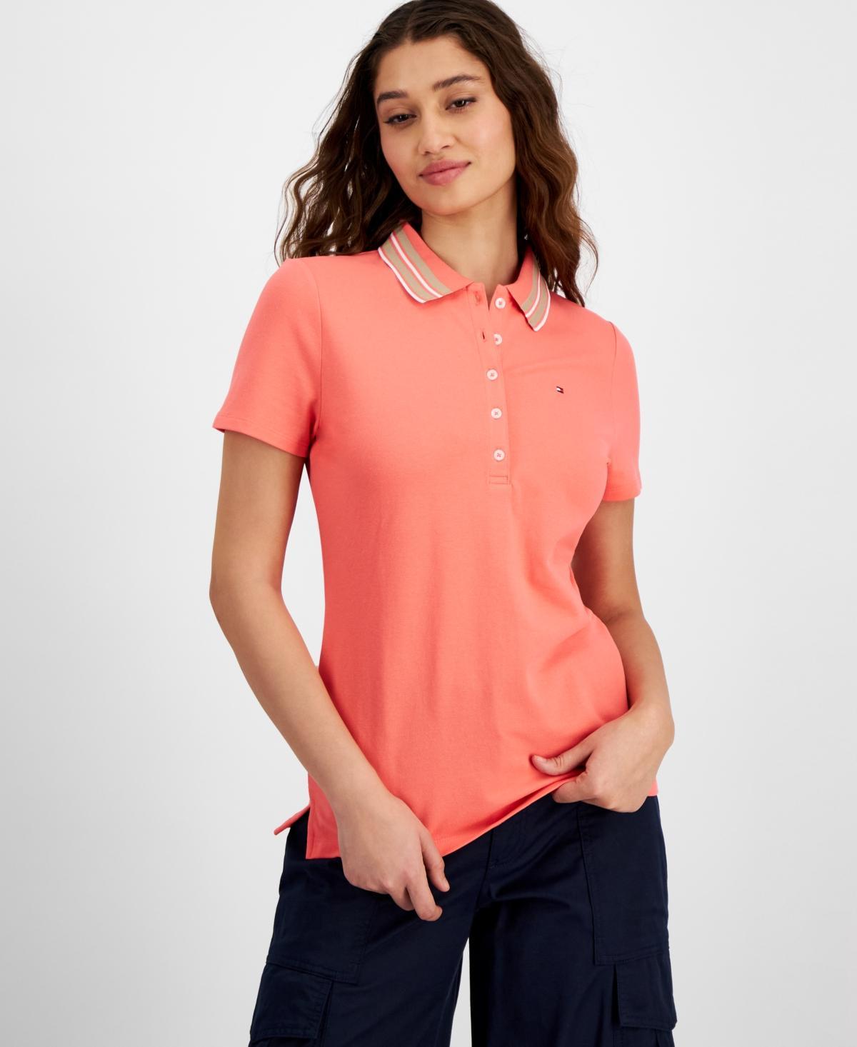 Women's Stripe-Collar Shirt-Sleeve Polo Shirt  Product Image