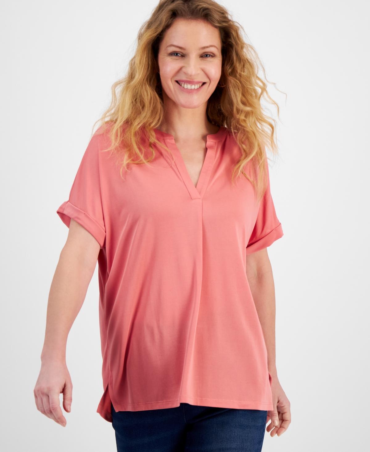 Women's Split-Neck Short Sleeve Knit Shirt, Created for Macy's Product Image