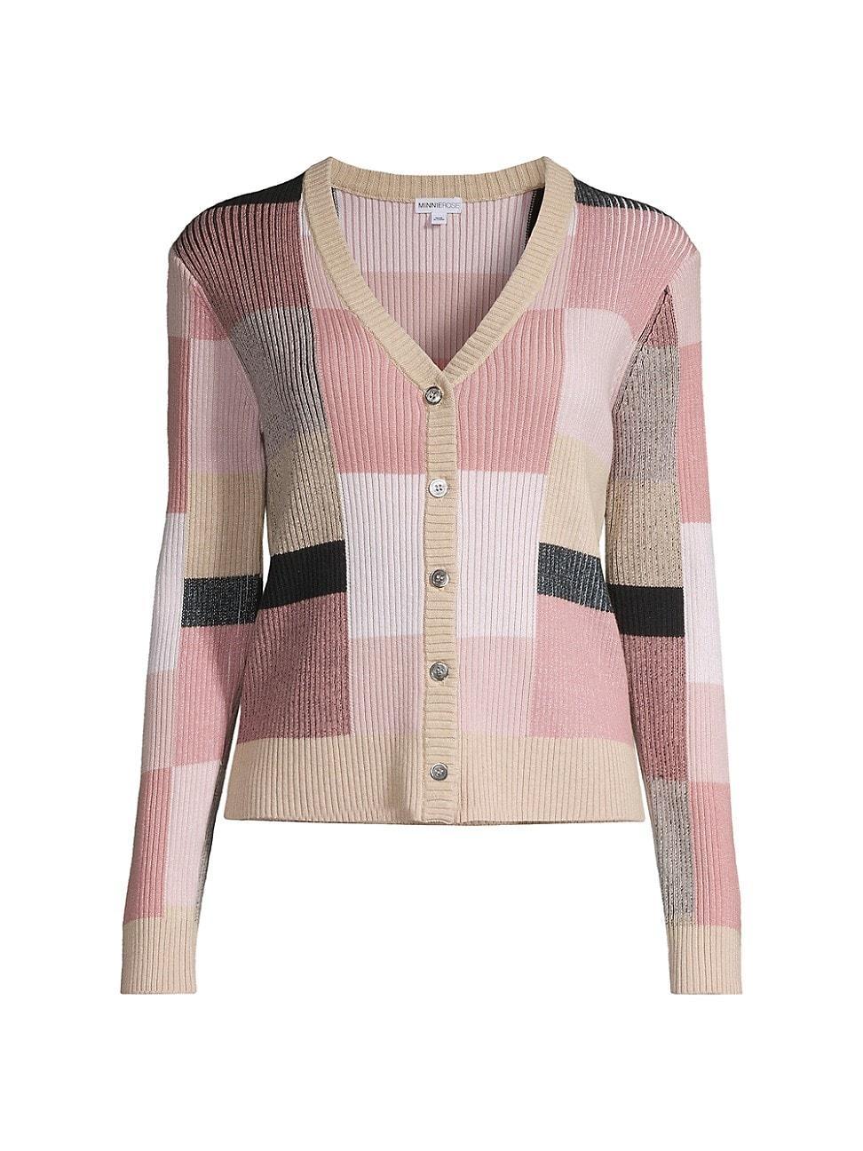 Womens Rib-Knit Patchwork V-Neck Cardigan Product Image