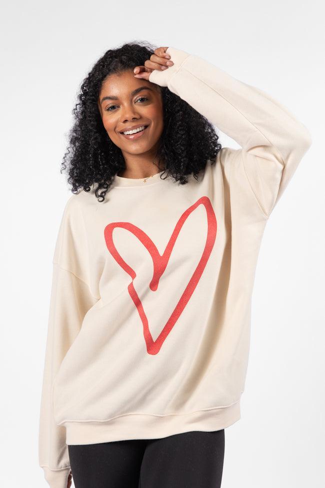 Red Heart Sketch Cream Oversized Graphic Sweatshirt Product Image