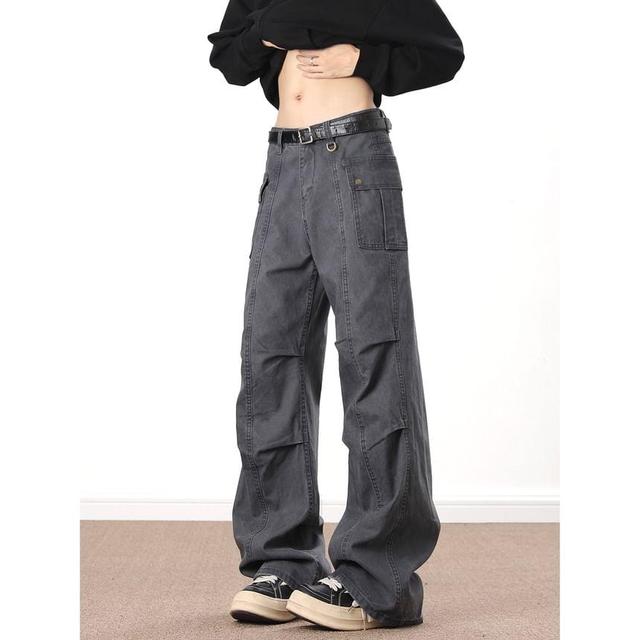 Mid Rise Plain Wide Leg Cargo Pants Product Image