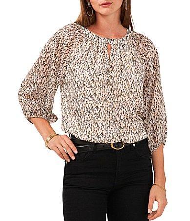 Vince Camuto Foil Print Woven Keyhole Round Neck 34 Sleeve Blouse Product Image