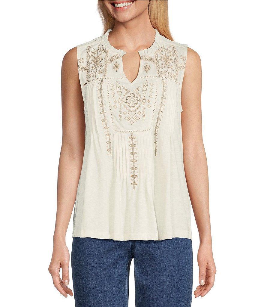 Intro Cotton Knit Embroidered Lace Notch V-Neck Sleeveless Swing Tank Top Product Image