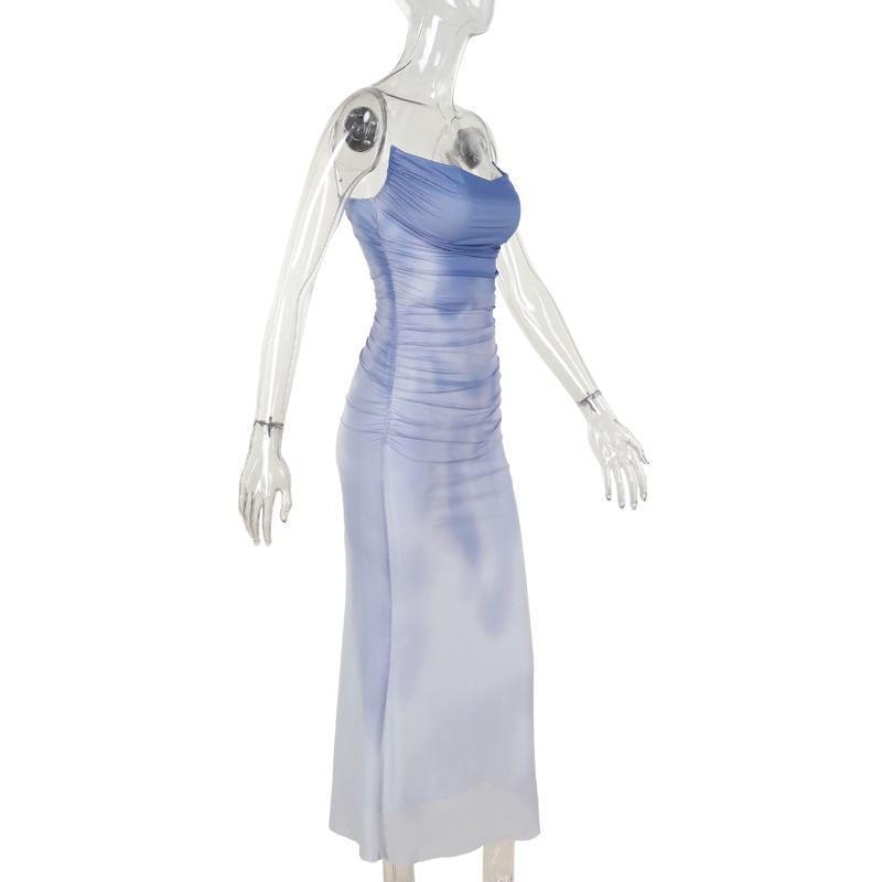 Spaghetti Strap Tie Dye Mesh Maxi Sheath Dress Product Image