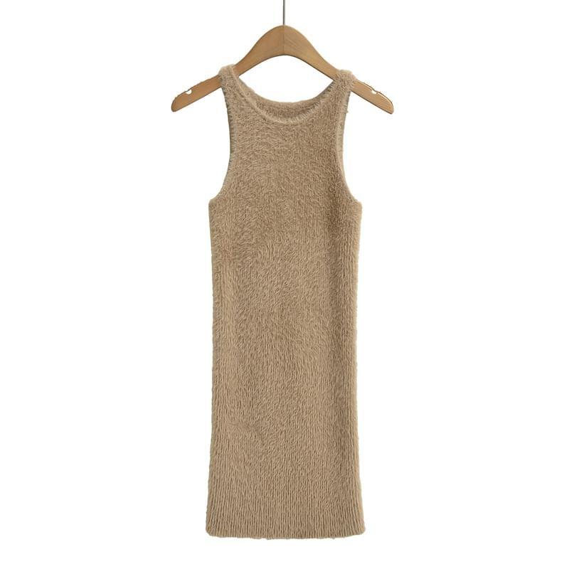 Sleeveless Round Neck Plain Fluffy Bodycon Mini Dress Product Image