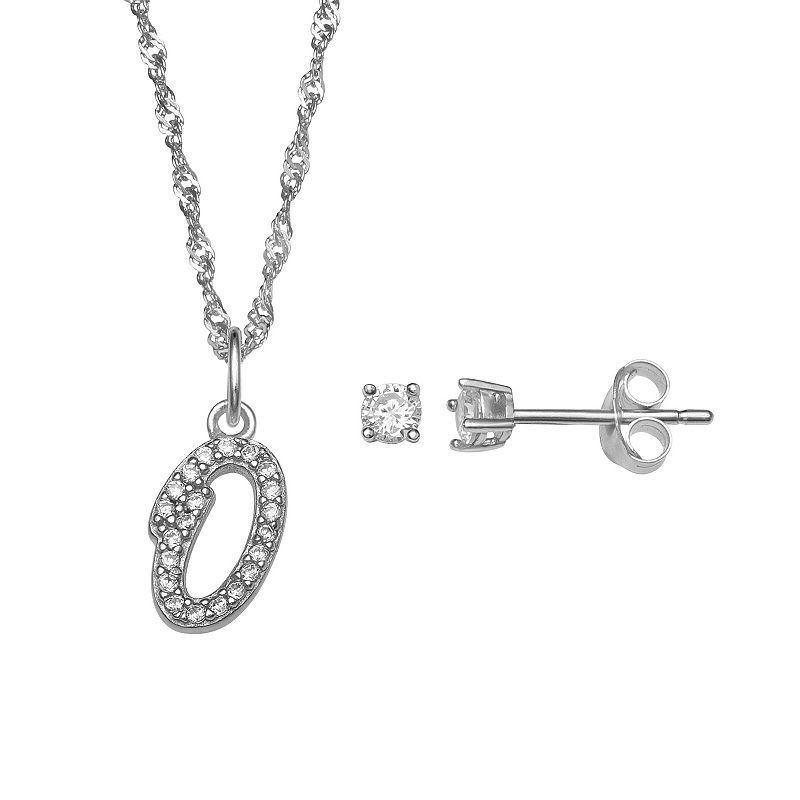 LC Lauren Conrad Sterling Silver Cubic Zirconia Stud Earrings & Initial Pendant Necklace Set, Womens Sterling Silver P Product Image