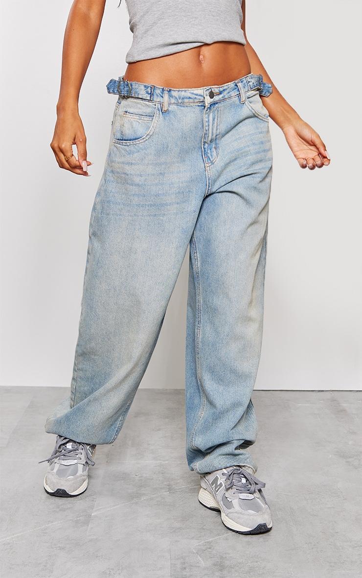 Vintage Wash Adjustable Cinched Side Boyfriend Jeans Product Image