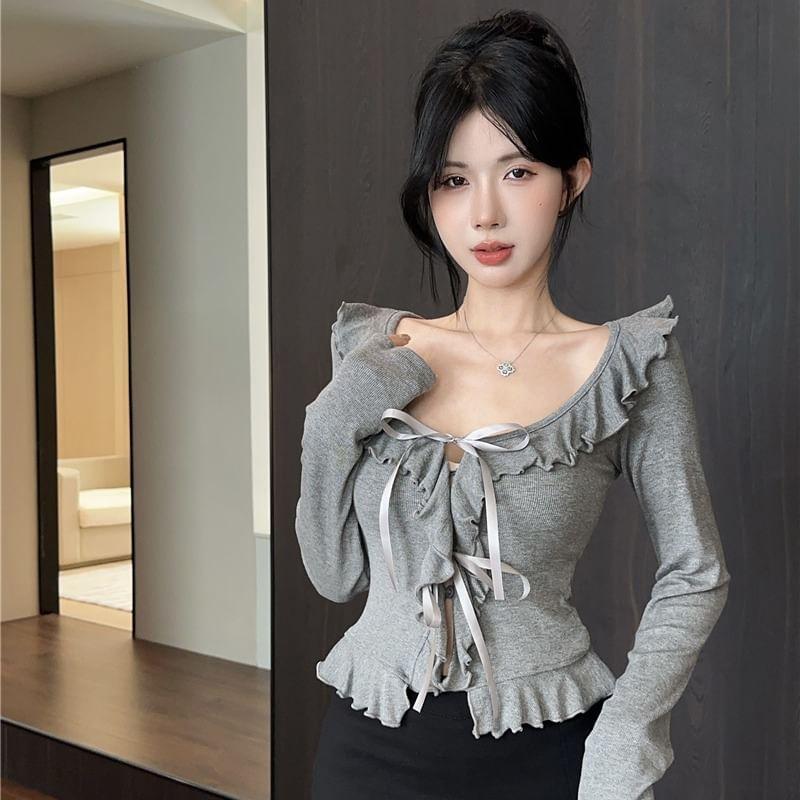 Off-Shoulder Plain Ruffled Lettuce Edge Knit Top Product Image