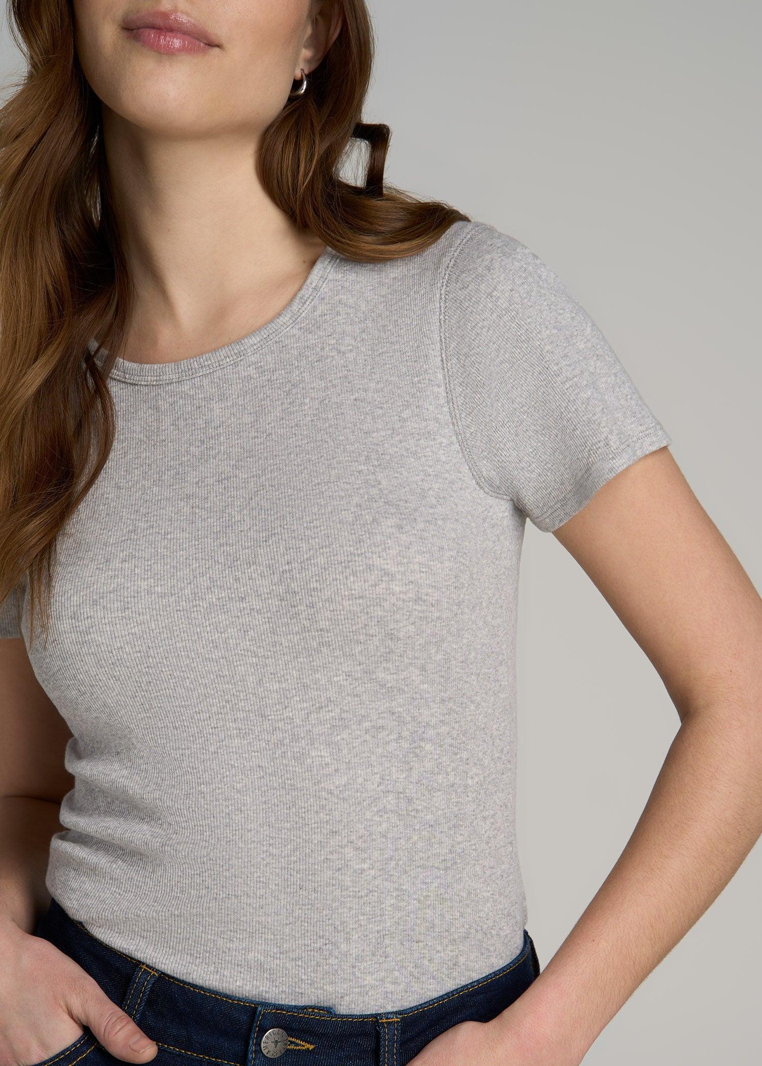 Short Sleeve Crew Neck Ribbed T-Shirt for Tall Women in Grey Mix product image