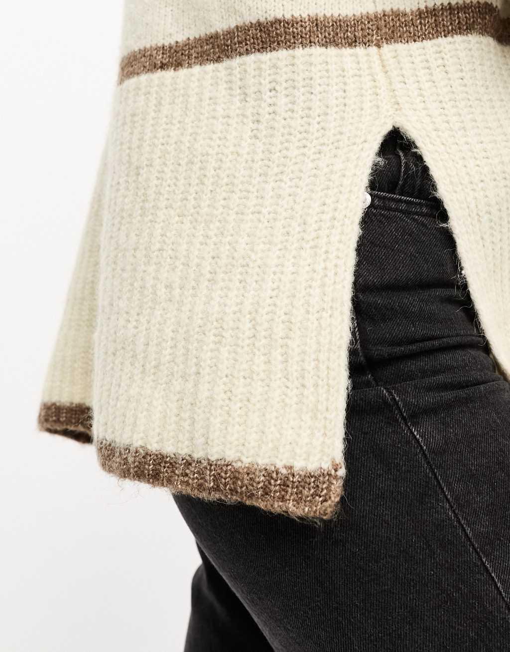 Vero Moda high neck oversized stripe sweater in cream and brown Product Image