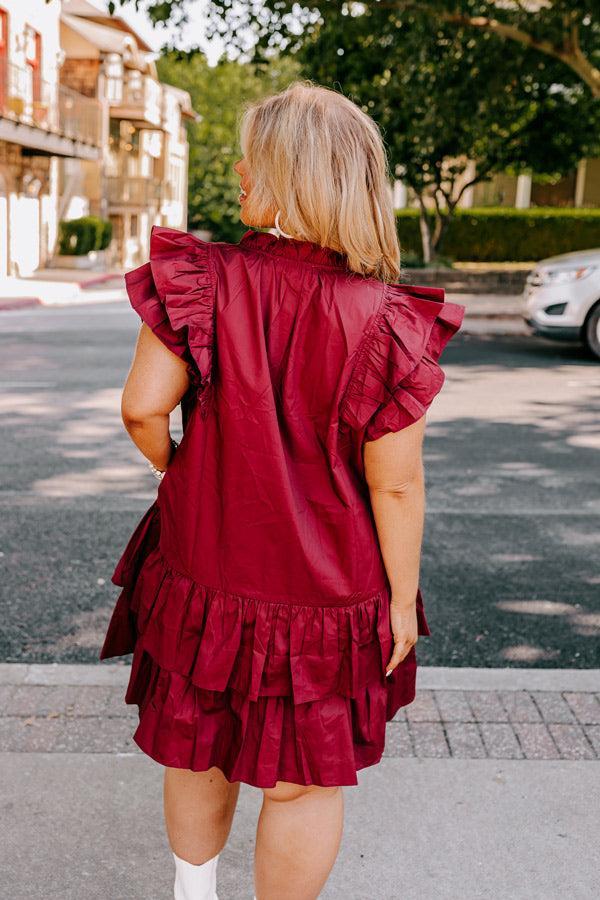 Under The Stadium Lights Ruffle Mini Dress in Maroon Curves Product Image