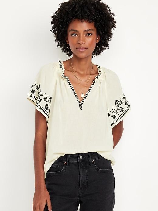 Embroidered Split-Neck Top Product Image