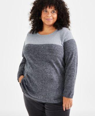 Plus Size Cotton Color-Blocked Curved-Hem Sweater, Created for Macy's Product Image