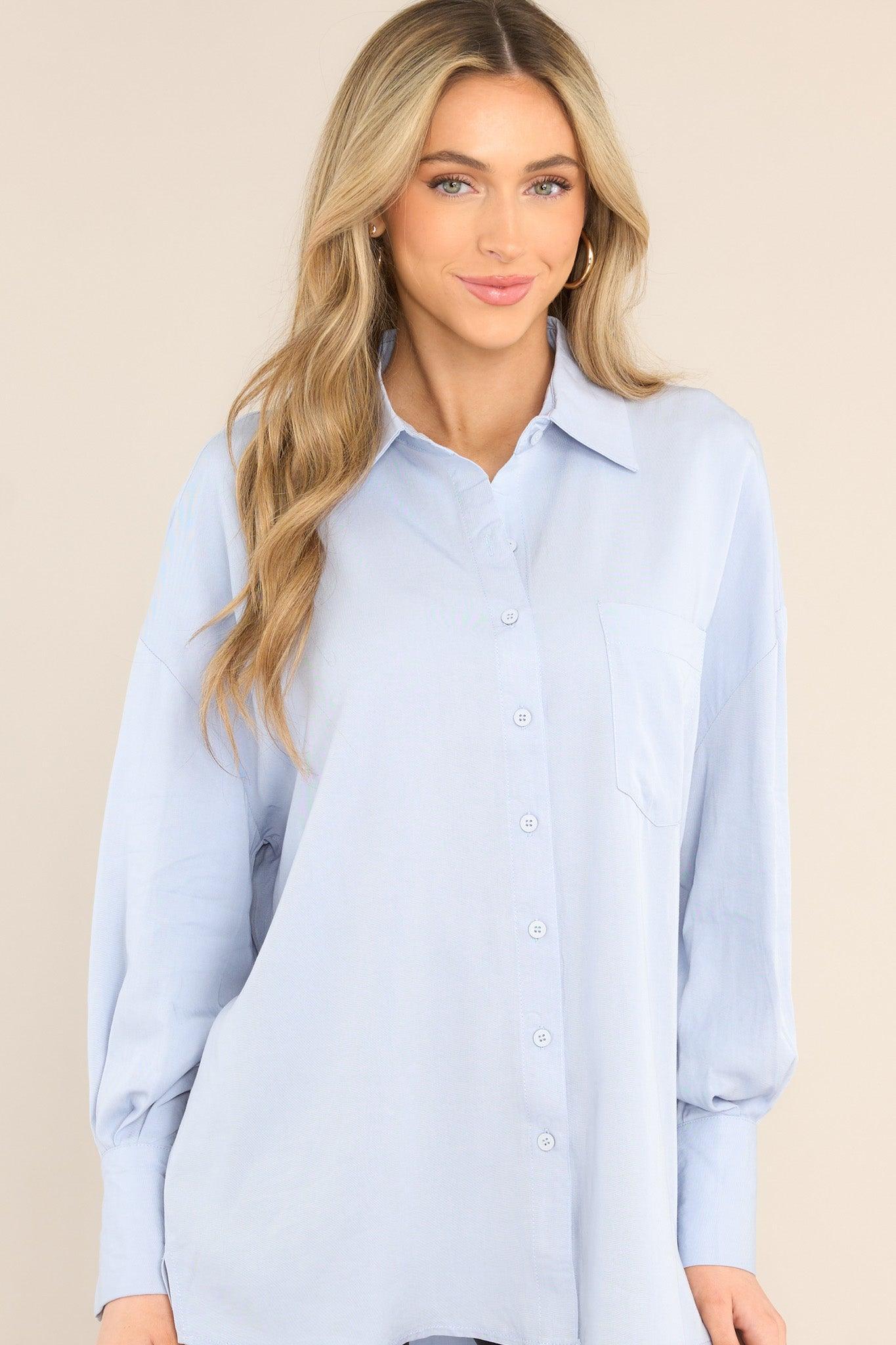 All The Same Blue Long Sleeve Button Front Top Light Blue Product Image