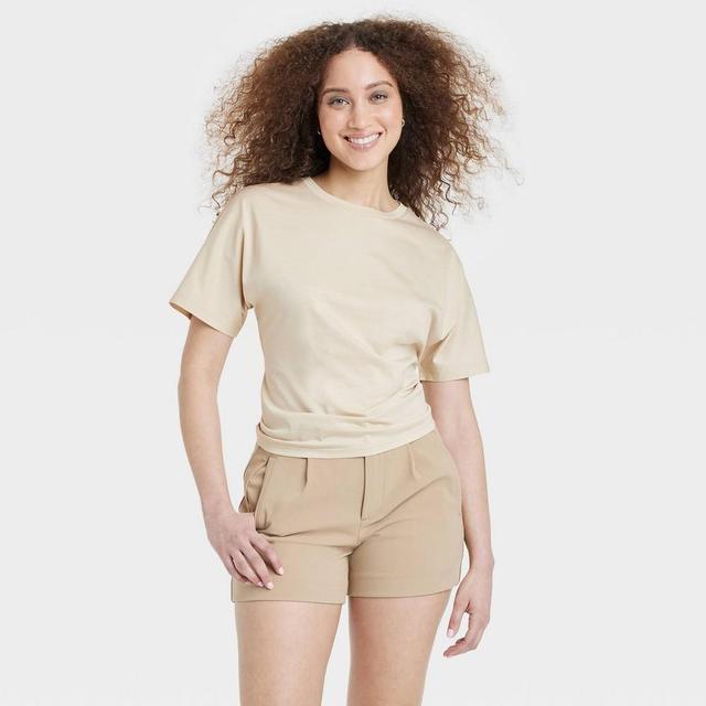 Womens Short Sleeve Bow T-Shirt - A New Day Tan XS Product Image