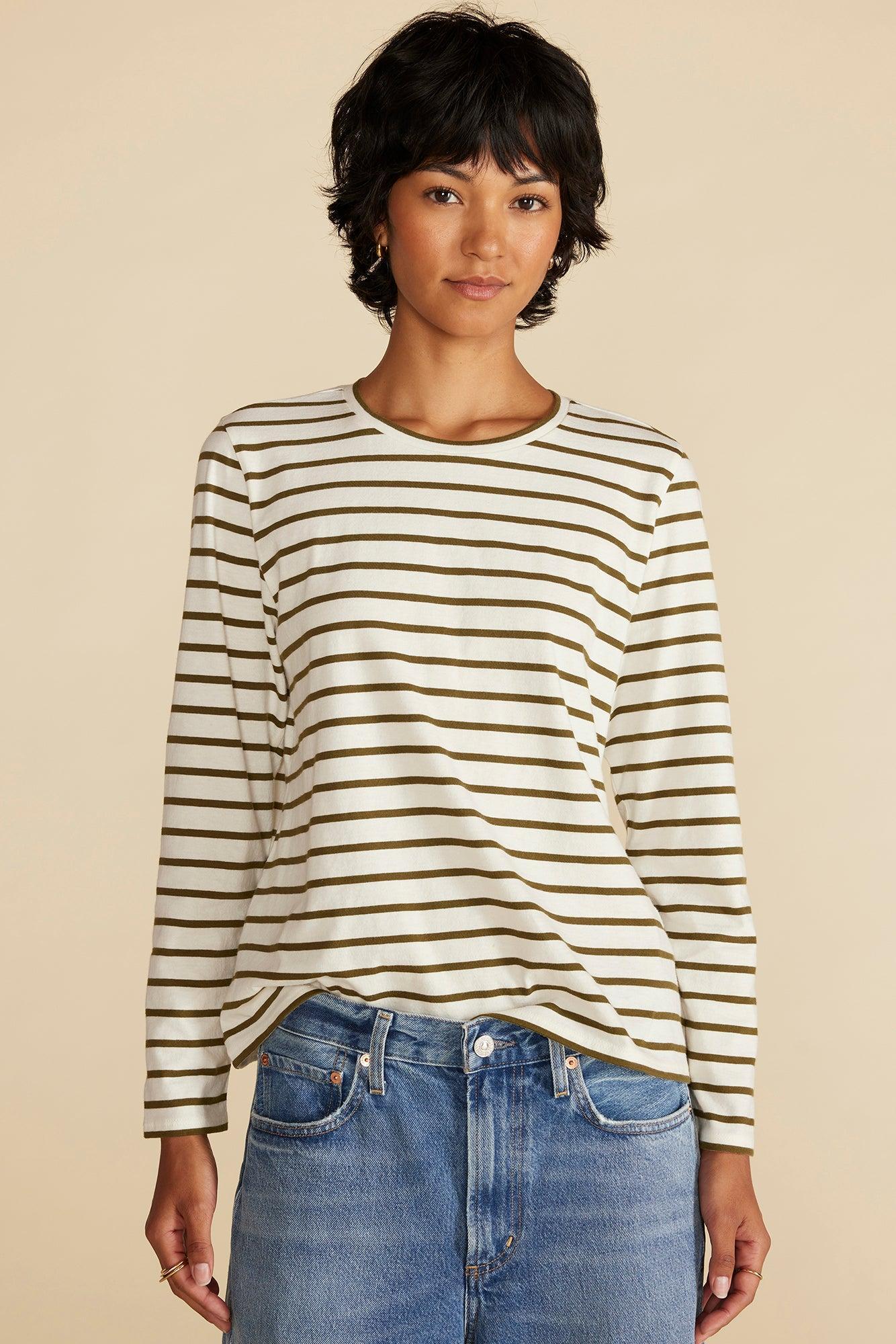 Berkeley Long Sleeve Tee - Ivory and Olive Green Stripe product image