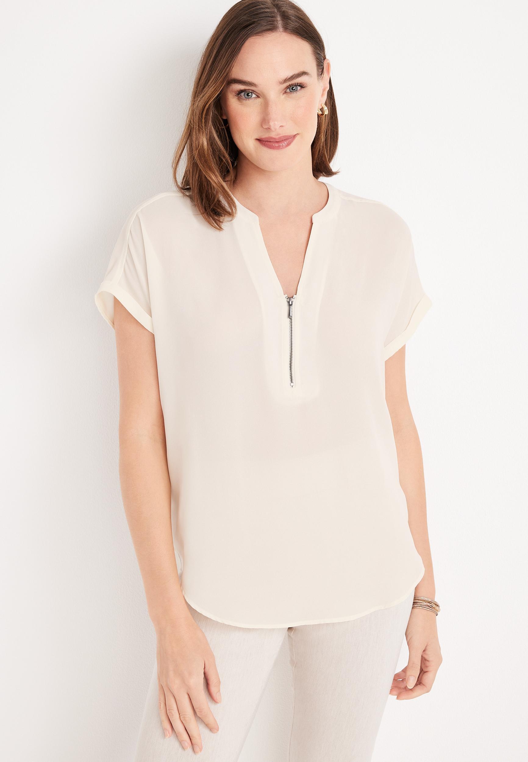 Geneva Solid Zipper Neck Blouse Product Image