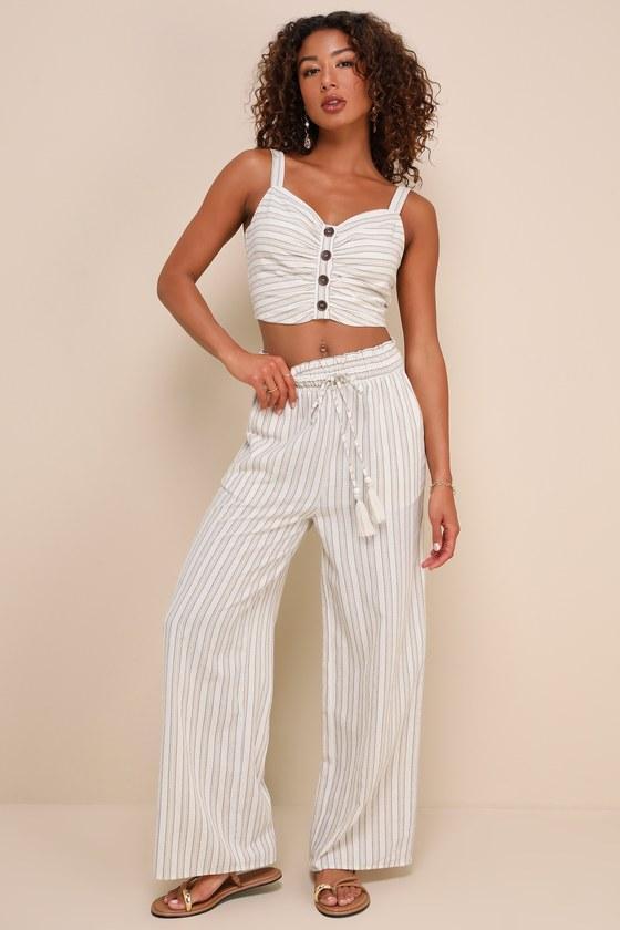 Endless Leisure Beige Multi Striped Smocked Waist Wide-Leg Pants Product Image