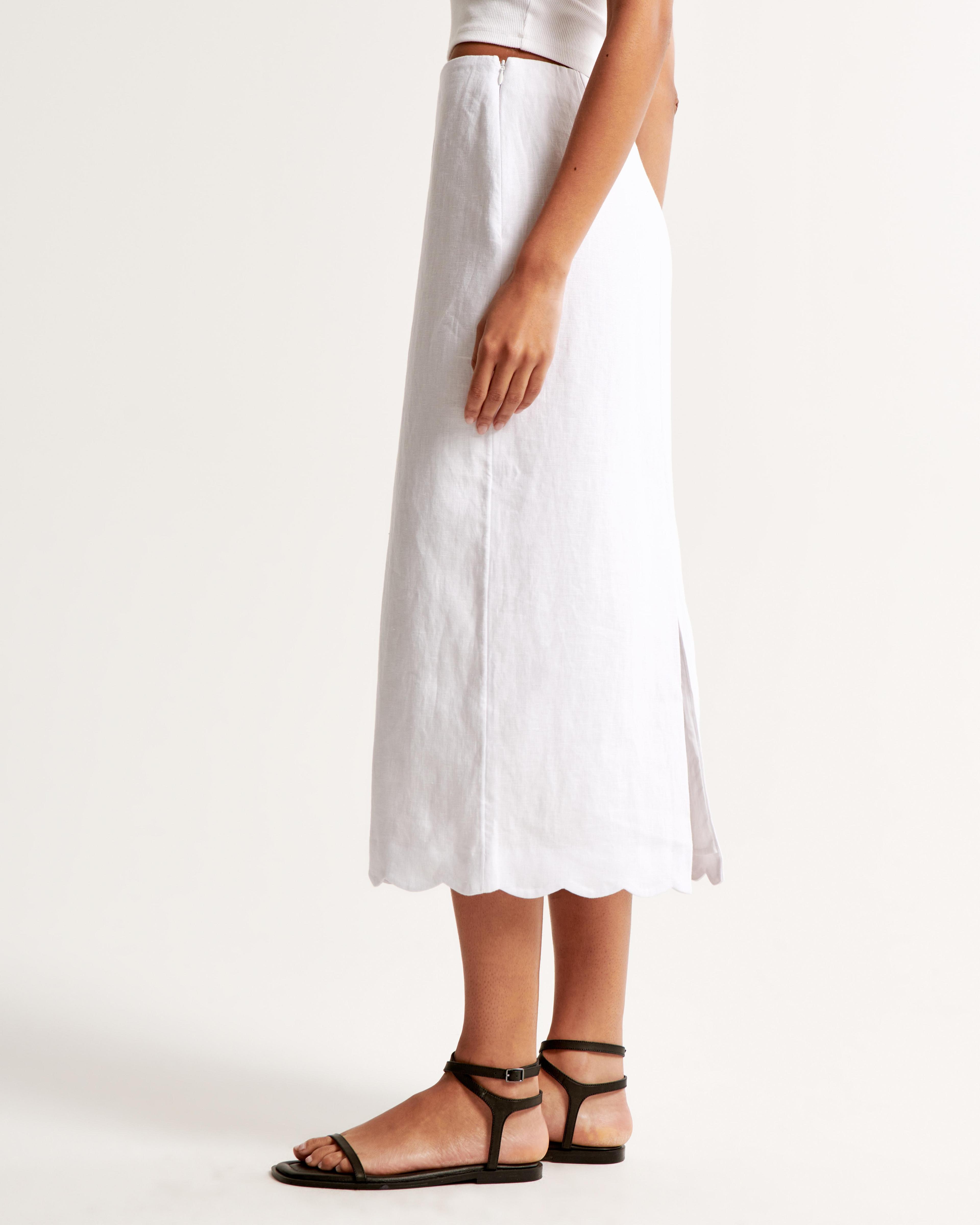 Premium Linen Scallop-Hem Midi Skirt Product Image