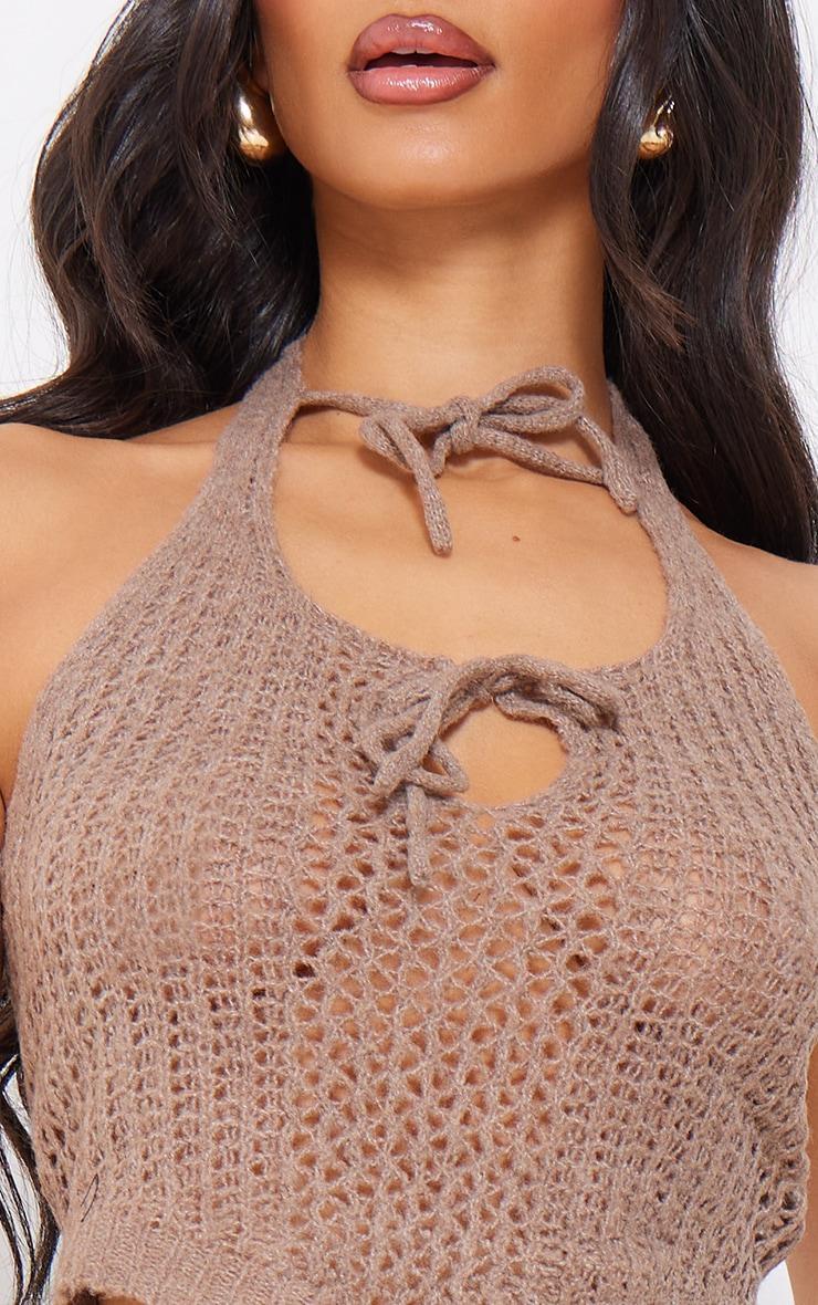 Petite Taupe Knitted Halterneck Cut Out Top With Tie Details Product Image