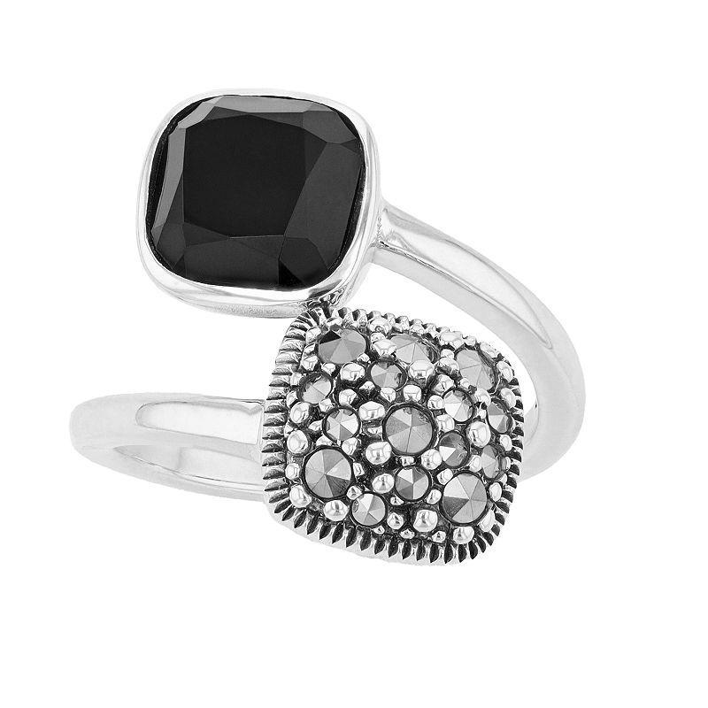 Lavish by TJM Sterling Silver Black Onyx & Marcasite 2-Head Ring, Womens Product Image