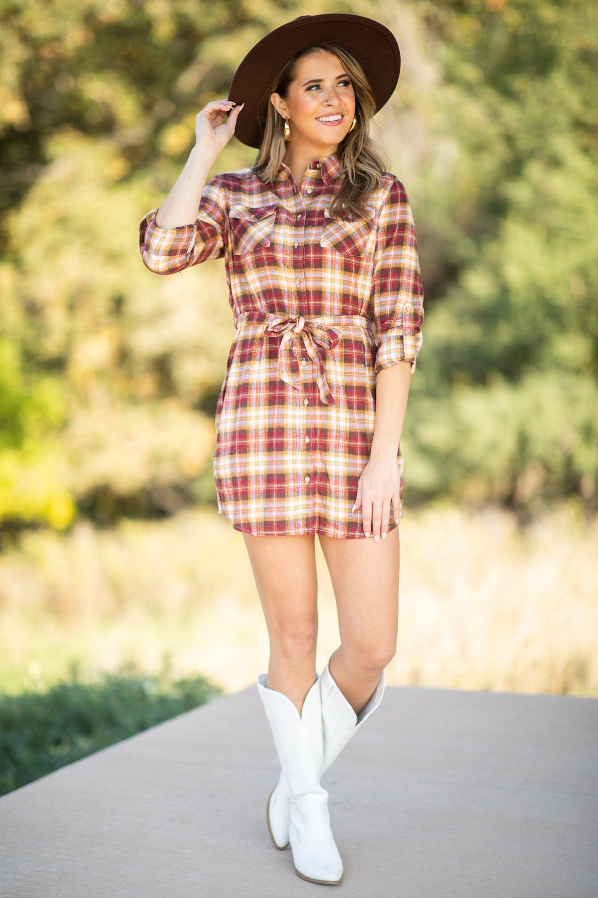 Burgundy and Copper Plaid Shirt Dress Product Image