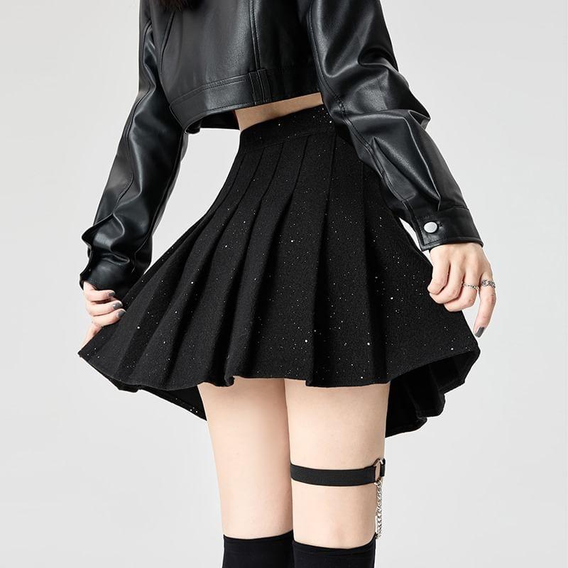 High Waist Sequin Pleated Mini A-Line Skirt Product Image