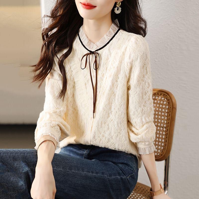 Long-Sleeve Ruffle Trim Bow Lace Blouse Product Image