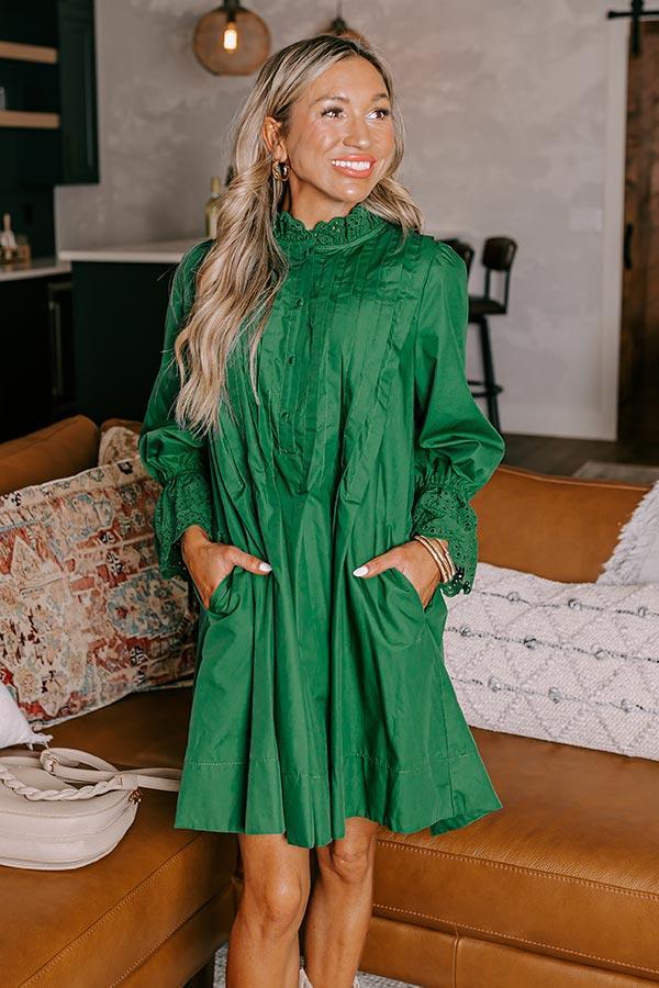 Caramel Kisses Pleated Mini Dress in Hunter Green Product Image