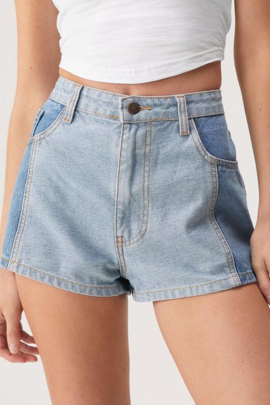 Two Tone Color Block Denim Shorts Product Image