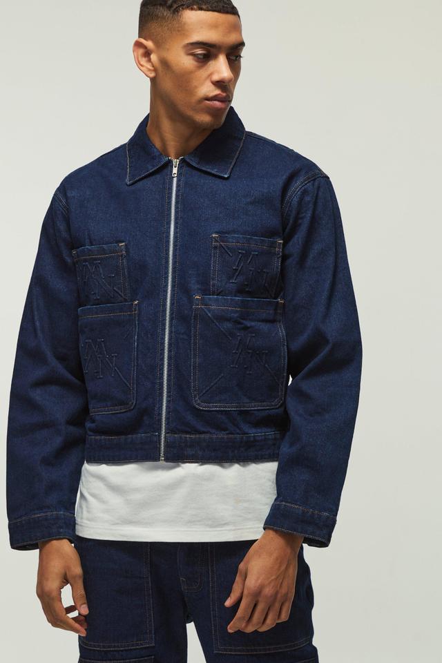 Relaxed Cropped Smart Embossed Jean Jacket | boohooMAN USA Product Image