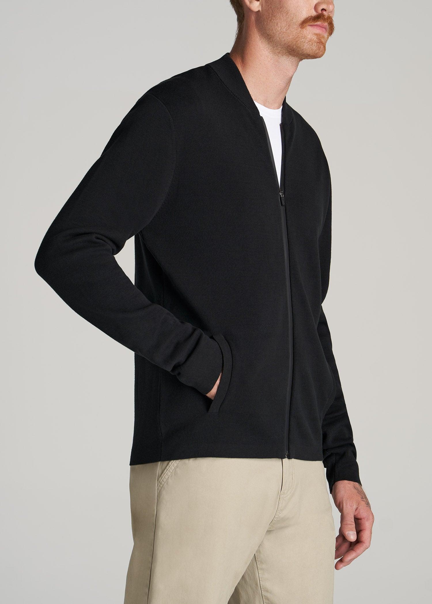 Full-Zip Baseball Collar Sweater for Tall Men in Black Male Product Image