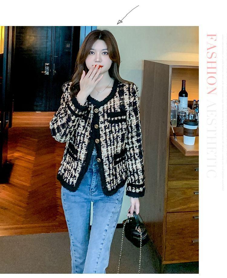 V-Neck Houndstooth Tweed Button Jacket Product Image