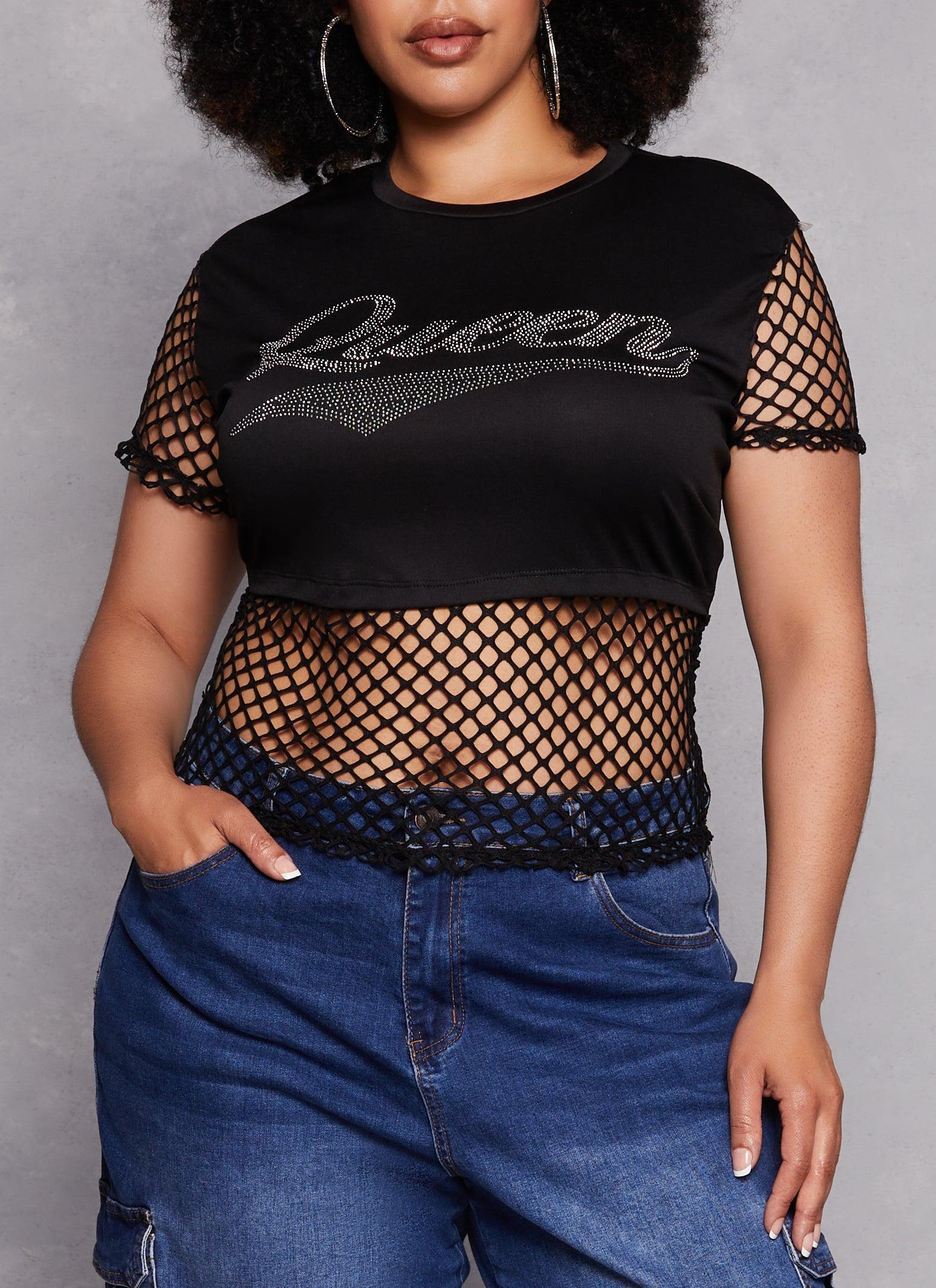 Womens Plus Size Fishnet Queen Rhinestone Graphic Tee Product Image