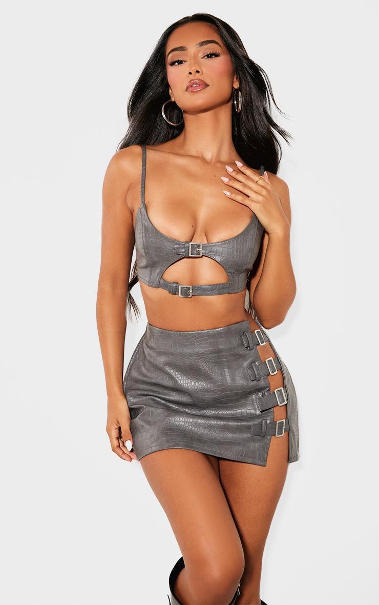 Petite Grey Croc Faux Leather Buckle Detail Bralet product image