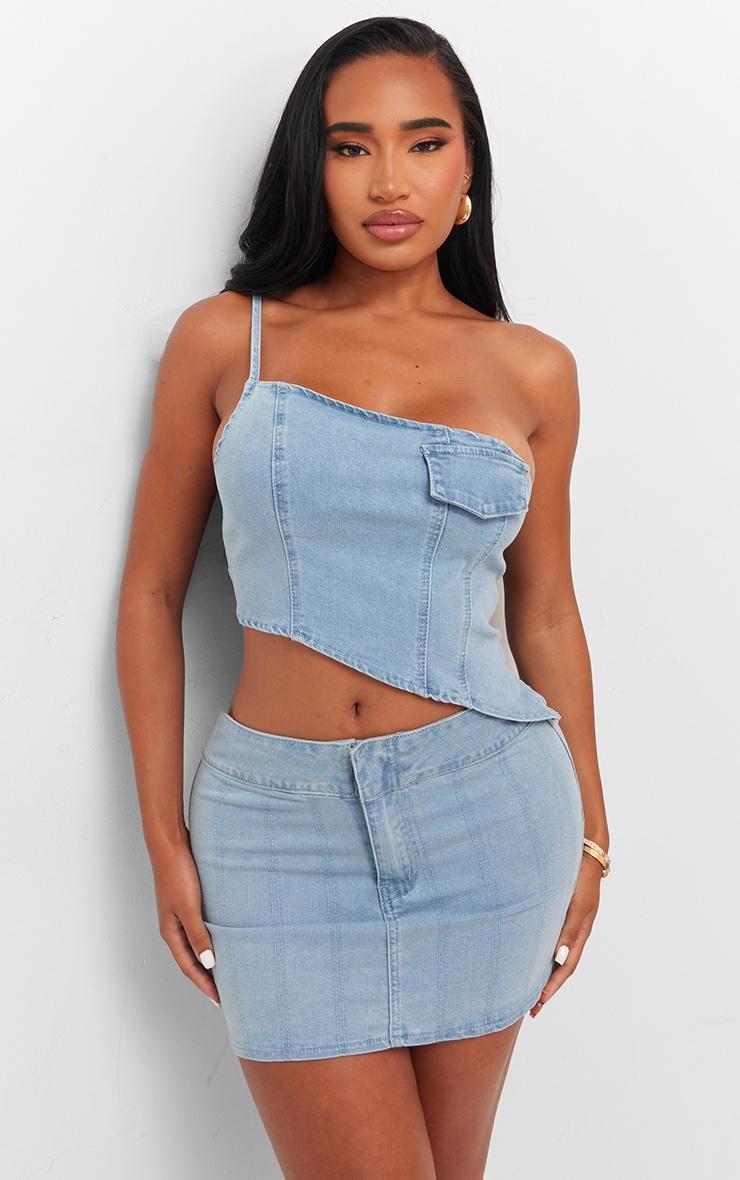 Shape Light Blue Denim One Shoulder Asymmetric Seam Detail Crop Top Product Image