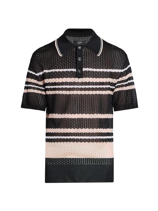 Mens Striped Open-Knit Short-Sleeve Polo Shirt Product Image