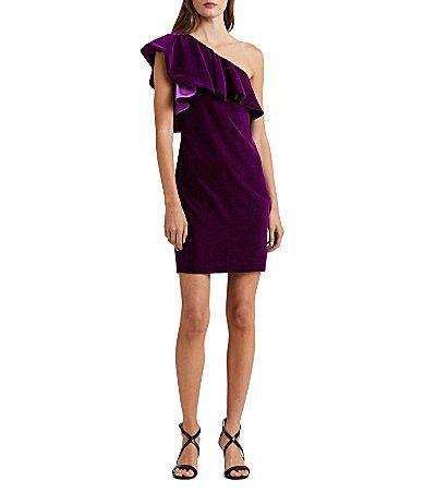 Lauren Ralph Lauren Velvet One Shoulder Flutter Shoulder Sheath Dress Product Image