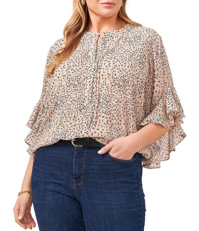 Vince Camuto Plus Size Split V-Neck 3/4 Ruffle Sleeve Cheetah Henley Blouse Product Image