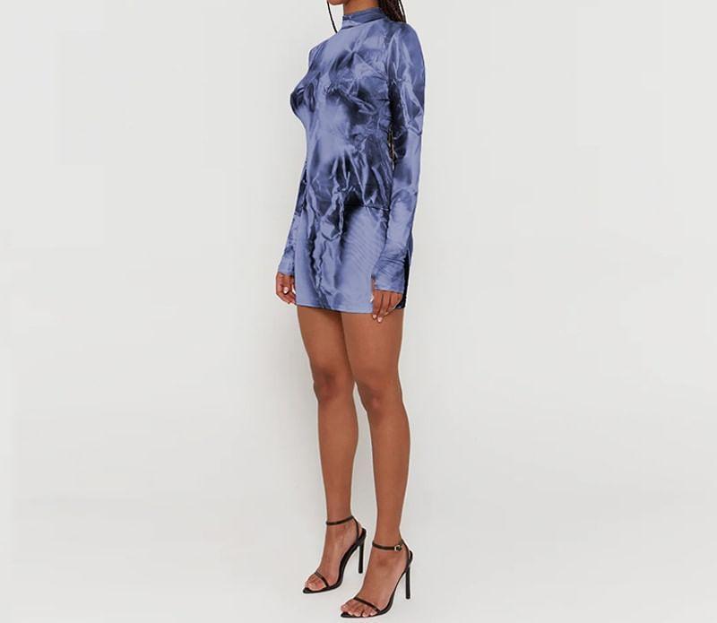 Long-Sleeve Mock Neck Tie Dye Mini Sheath Dress Product Image