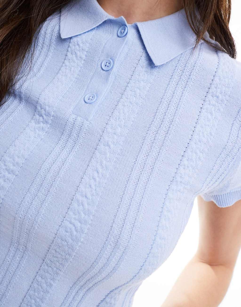 ASOS DESIGN knit polo top in pointelle stitch in blue Product Image