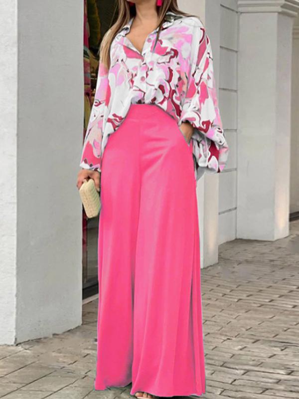 Long Sleeves Floral Printed Blouses + High-Waisted Solid Color Wide Leg Pants Trousers Two Pieces Set Product Image